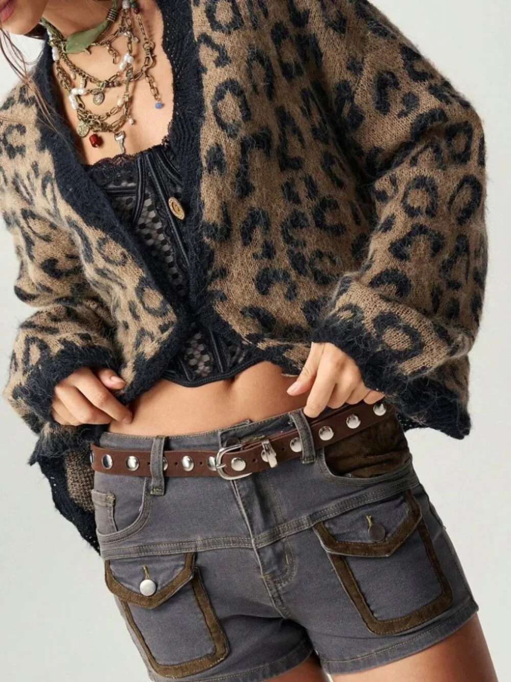 Tan & Black Leopard Print Cardigan, Oversized Knit